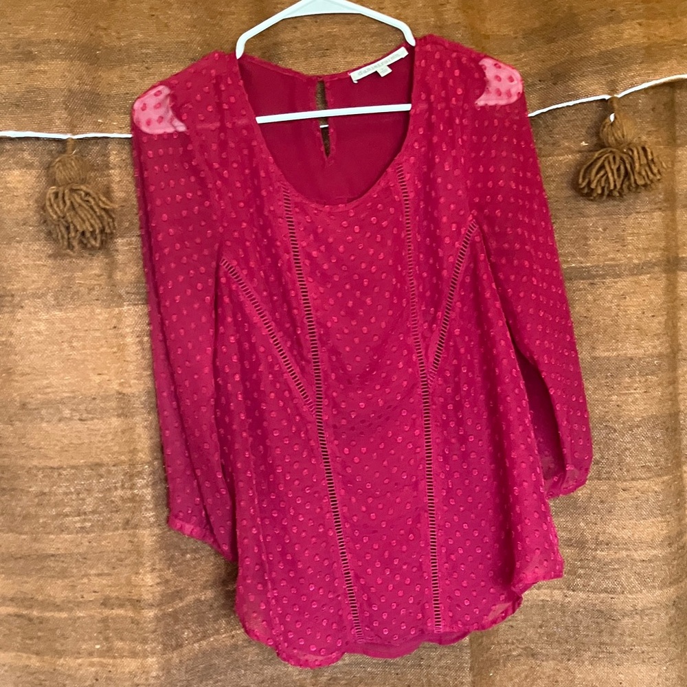 Red textured Blouse with Sheer Sleeves
